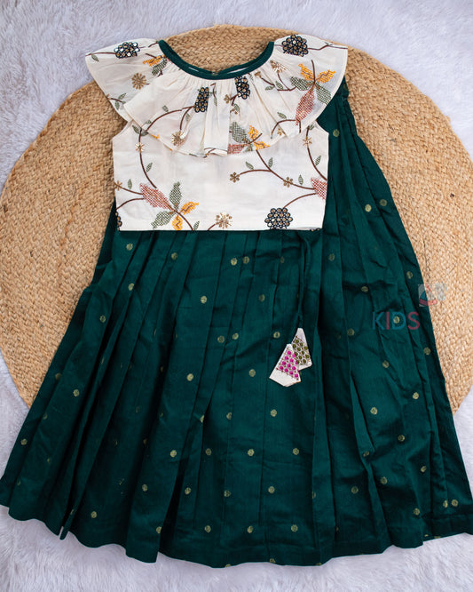Pre Order: Bottle Green Raw Silk Lehenga Skirt & Kora Cotton Top