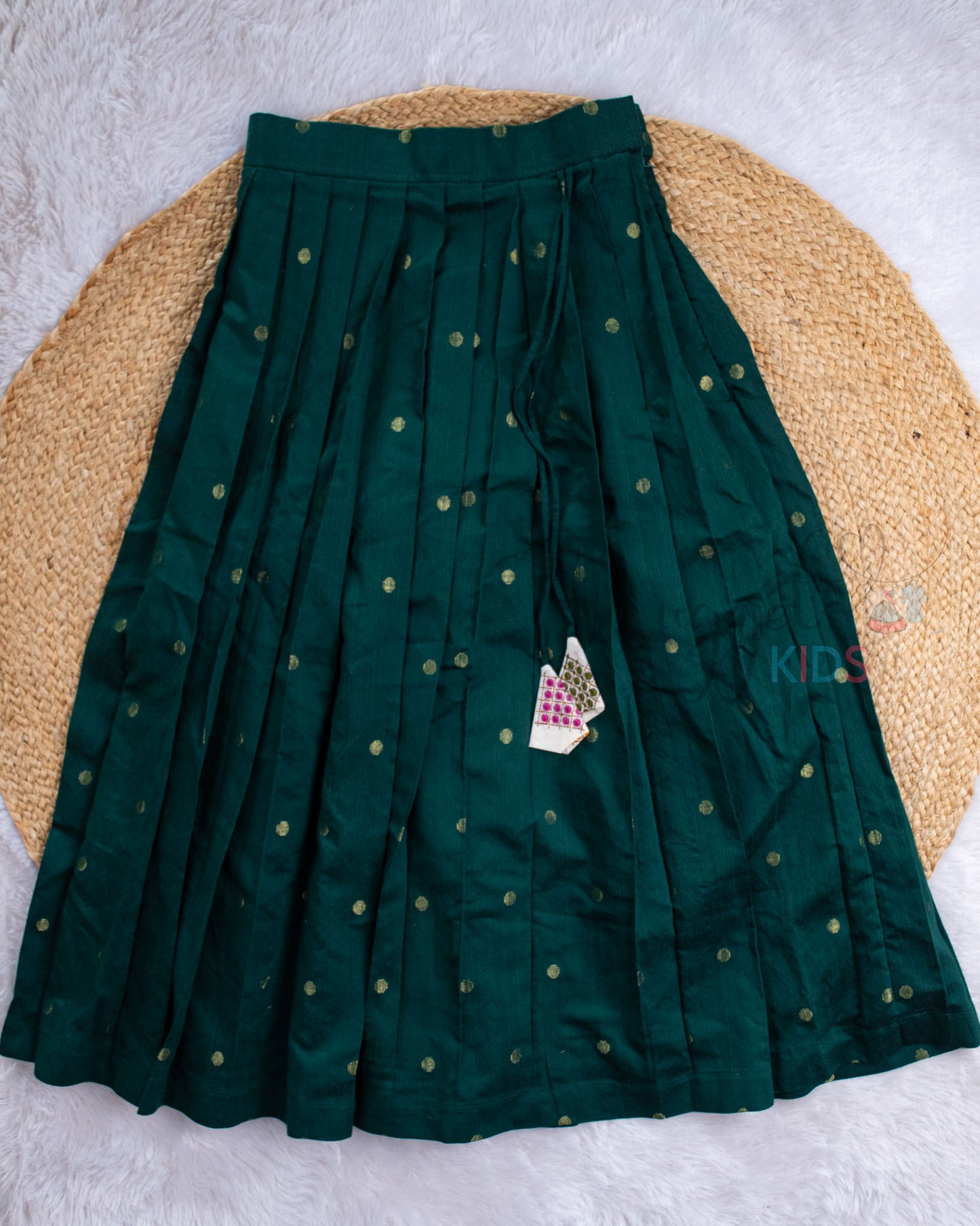 Pre Order: Bottle Green Raw Silk Lehenga Skirt & Kora Cotton Top