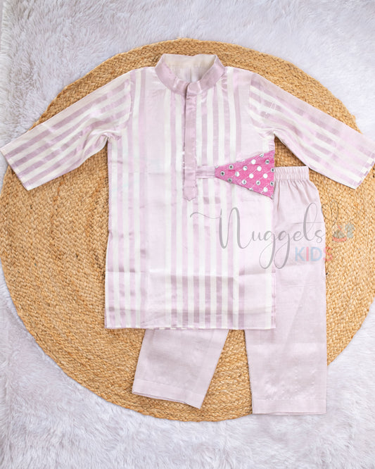 Pre Order: Pink Kasavu Kurta Set with Mirror Loop Detailing on one side