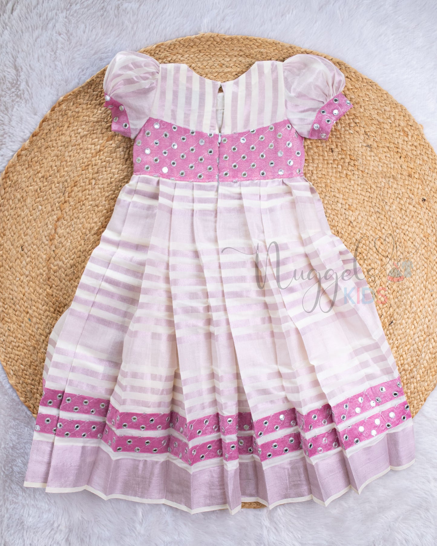 Pro Order: Pink Kasavu Gown With Puff Sleeves