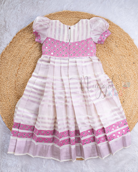 Pro Order: Pink Kasavu Gown With Puff Sleeves