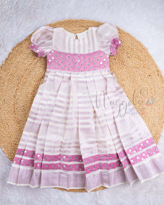 Pro Order: Pink Kasavu Gown With Puff Sleeves