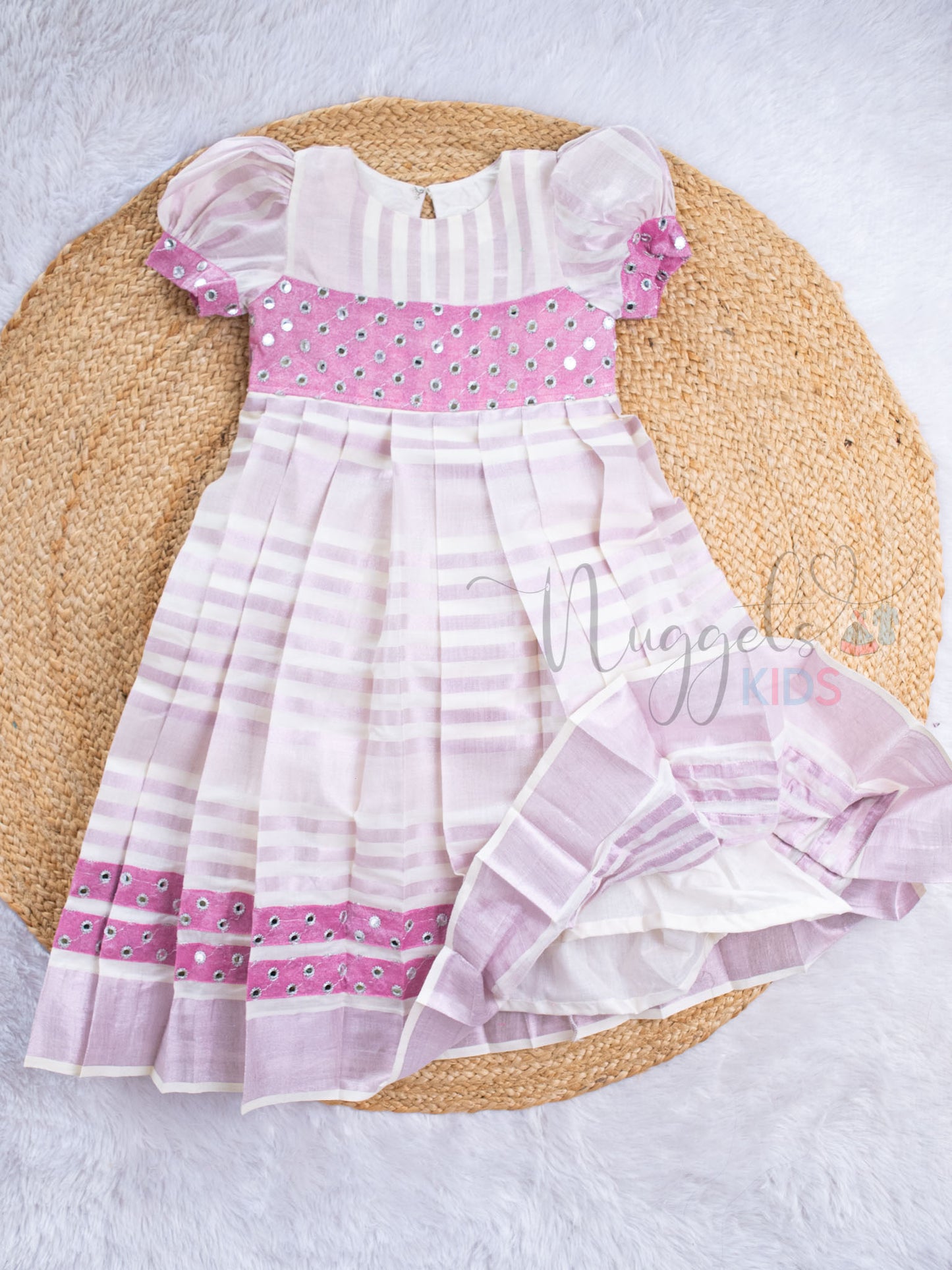 Pro Order: Pink Kasavu Gown With Puff Sleeves