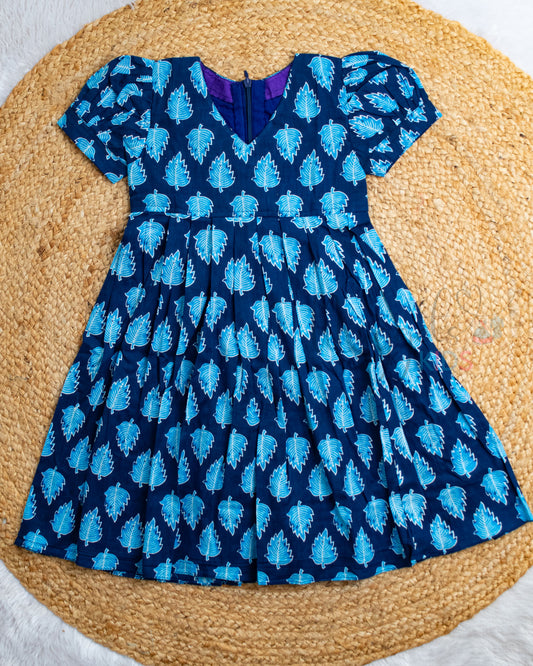Ready to Ship: Ink Blue Cotton Frock With Puff Sleeves