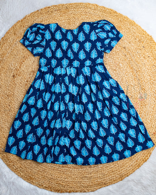 Ready to Ship: Ink Blue Cotton Frock With Puff Sleeves