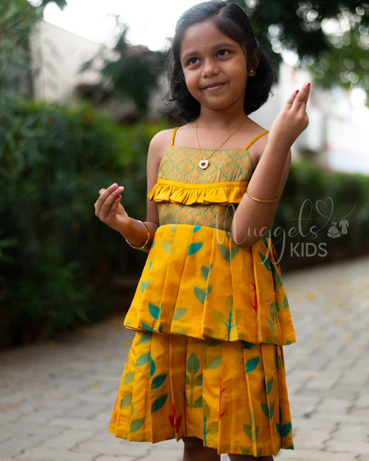 Ready to Ship: Yellow Ikkat Premium Kanchi Double layer Semi Silk Frock with Frill Detailing