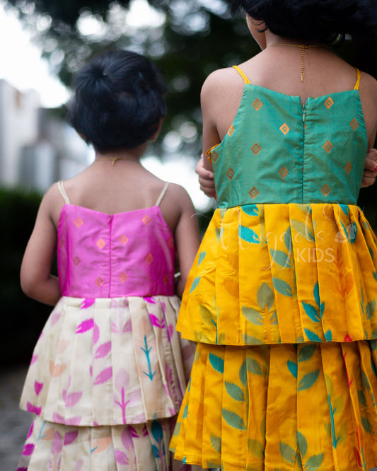 Ready to Ship: Offwhite Ikkat Premium Kanchi Double layer Semi Silk Frock with Frill Detailing