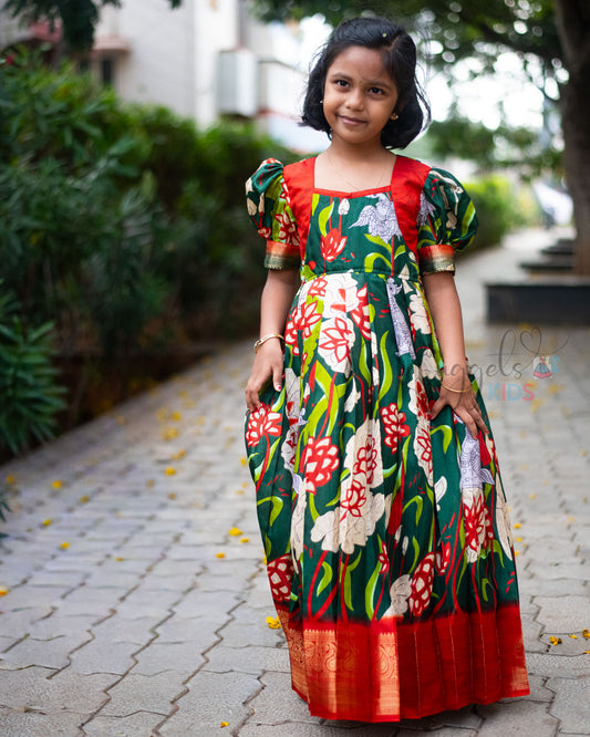 Ready to Ship: Green Premium Kalamkari Gown With Puff Sleeves
