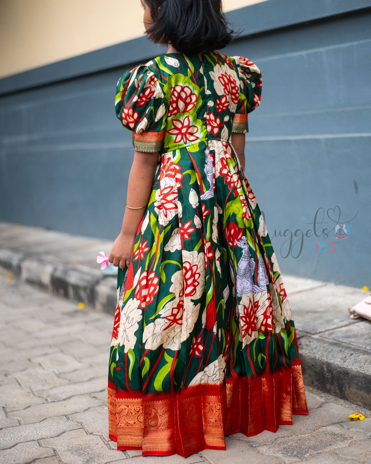 Ready to Ship: Green Premium Kalamkari Gown With Puff Sleeves