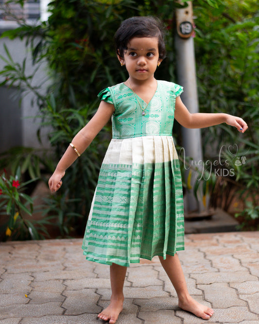 Ready to Ship: Offwhite And Green Tissue Silk Frock With Pleated Cap Sleeves