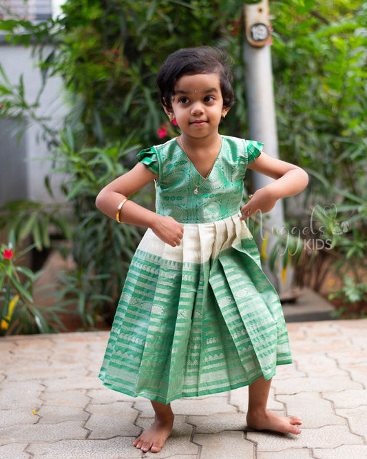 Ready to Ship: Offwhite And Green Tissue Silk Frock With Pleated Cap Sleeves