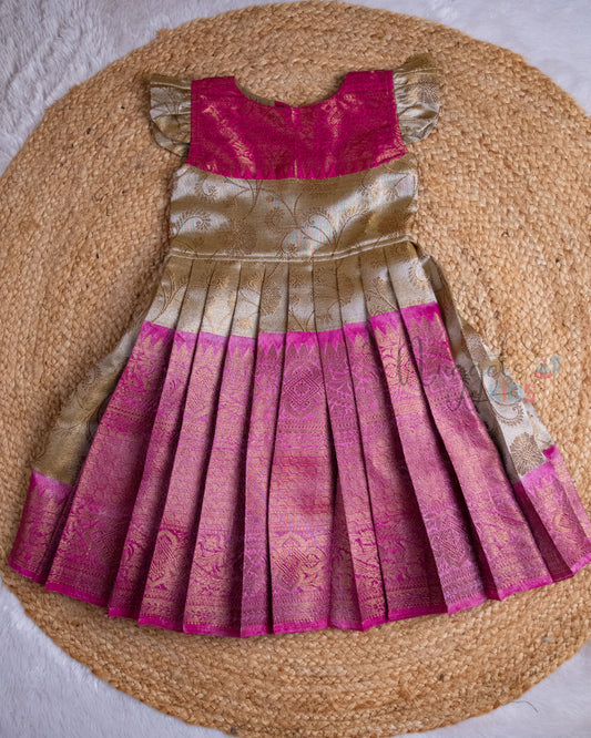 Ready to Ship: Grey And Pink Tissue Silk Frock With Ruffle Sleeves