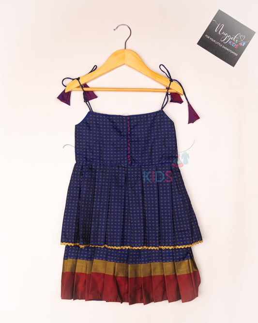 Ready to Ship: Royal Blue and Pink Two layered semi silk tie-up frock with potli buttons and lace detailing