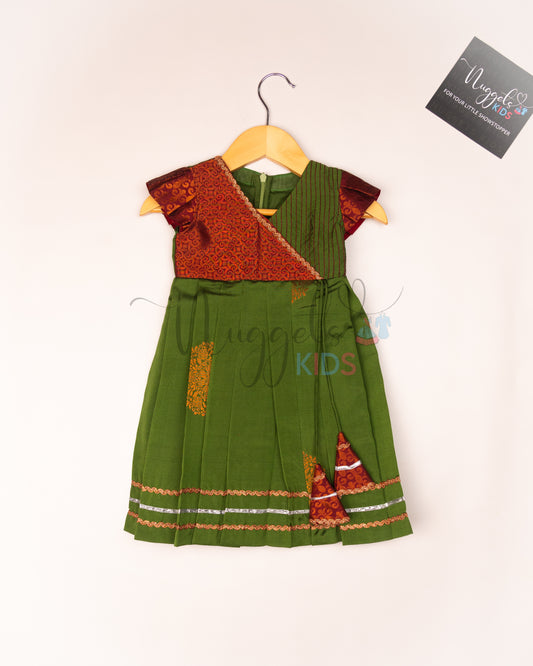 Ready to Ship: Green and Maroon Soft Semi Silk frock with designer Angrakha yoke, pleated cap sleeves and lace detailing