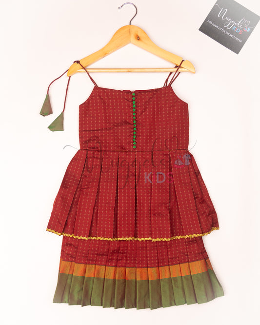 Ready to Ship: Red and Green Two layered semi silk tie-up frock with potli buttons and lace detailing