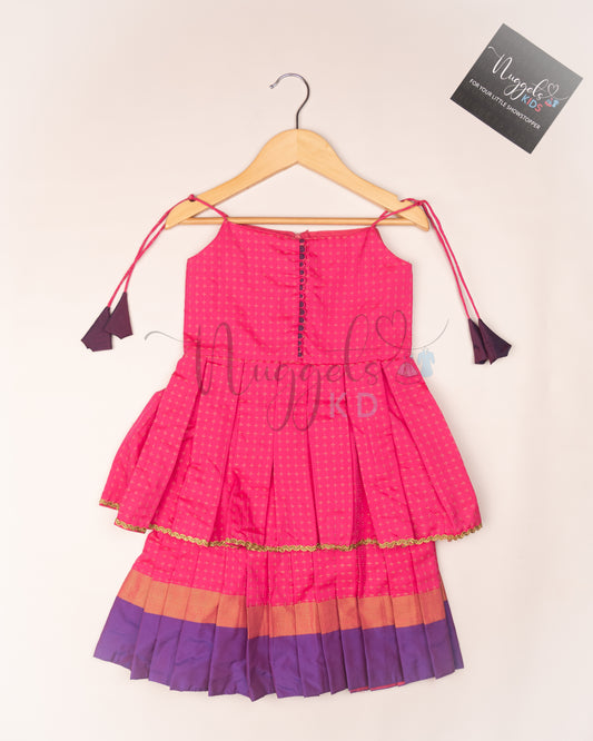 Ready to Ship: Candy Pink and Purple Two layered semi silk tie-up frock with potli buttons and lace detailing