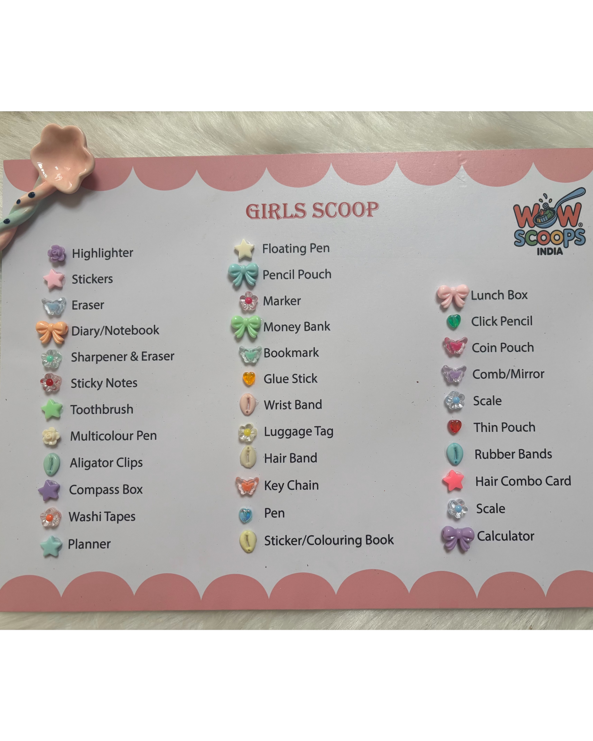 Product list for 'Girls Scoop' with various stationery items and Wow Scoops India branding.