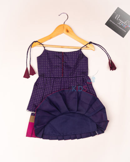 Ready to Ship: Ink Blue and Pink Two layered semi silk tie-up frock with potli buttons and lace detailing