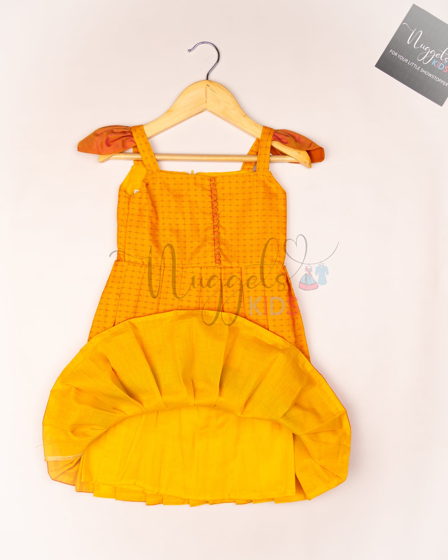 Ready to Ship: Yellow and Peach Two layered semi silk with wing sleeves, potli buttons and lace detailing