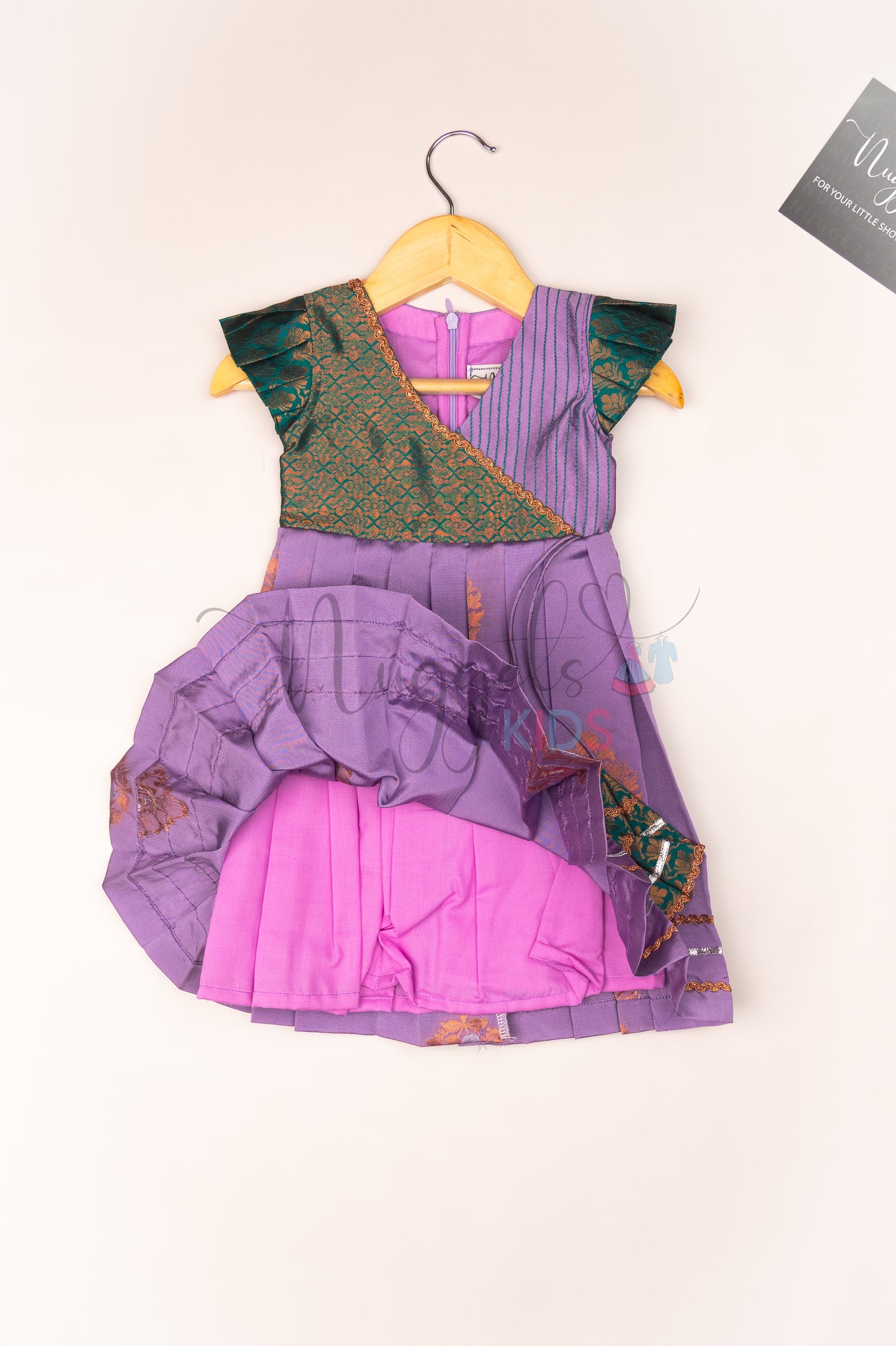 Ready to Ship: Lavender and Green Soft Semi Silk frock with designer Angrakha yoke, pleated cap sleeves and lace detailing