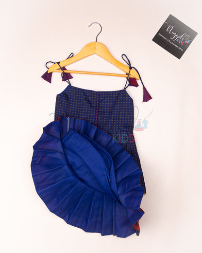 Ready to Ship: Royal Blue and Pink Two layered semi silk tie-up frock with potli buttons and lace detailing