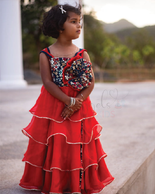Pre Order: Blue and Red Full Flare Designer Three-layer Gown with Dramatic Flower