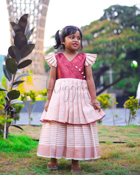 Pre Order: Angrakha style Two Layered Frock with brocade yoke and Copper cotton and tissue flare