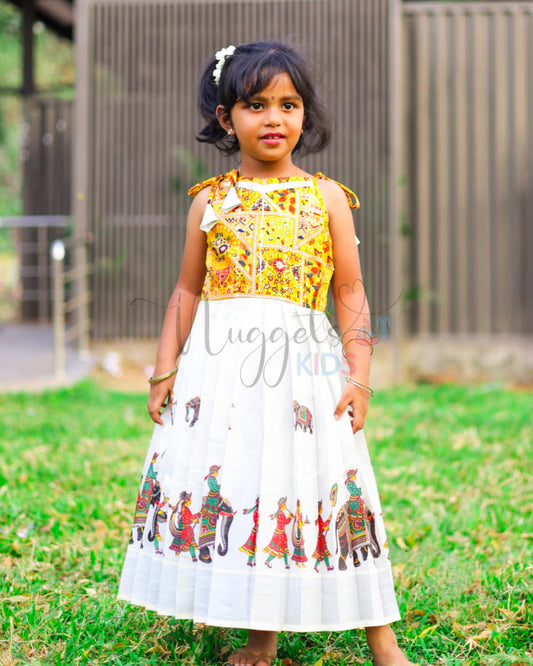 Pre Order: Designer Tie up Frock with Patola sequined yoke and printed silver Kasavu Tissue flare