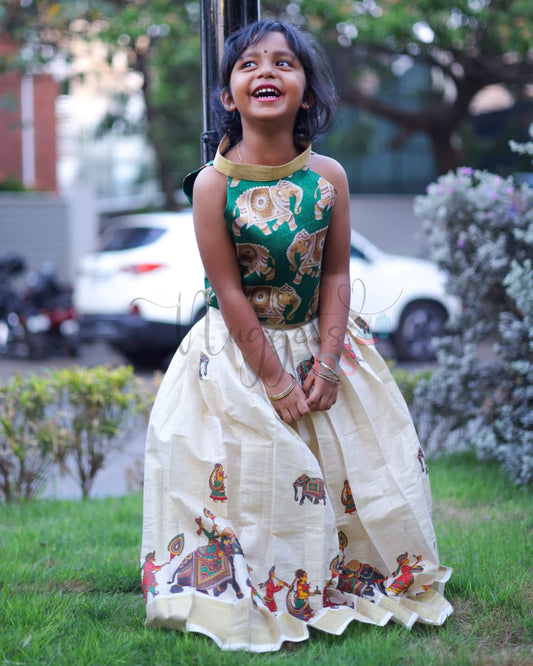 Pre Order: Elephant Kasavu set with Halter neck top and Pleated Tissue skirt